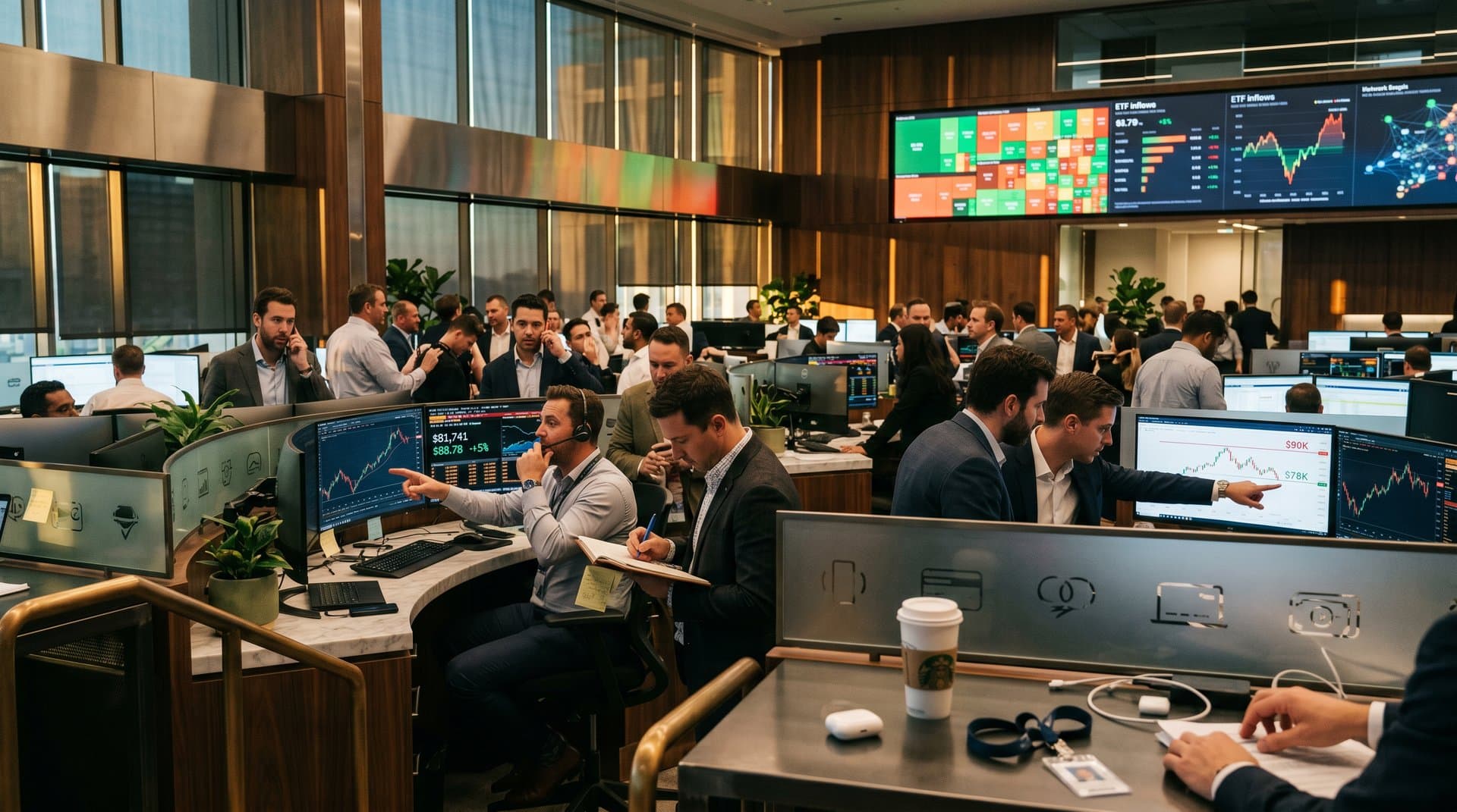 Trading terminals show BTC surge to $81K with charts, fintech data, and market milestones