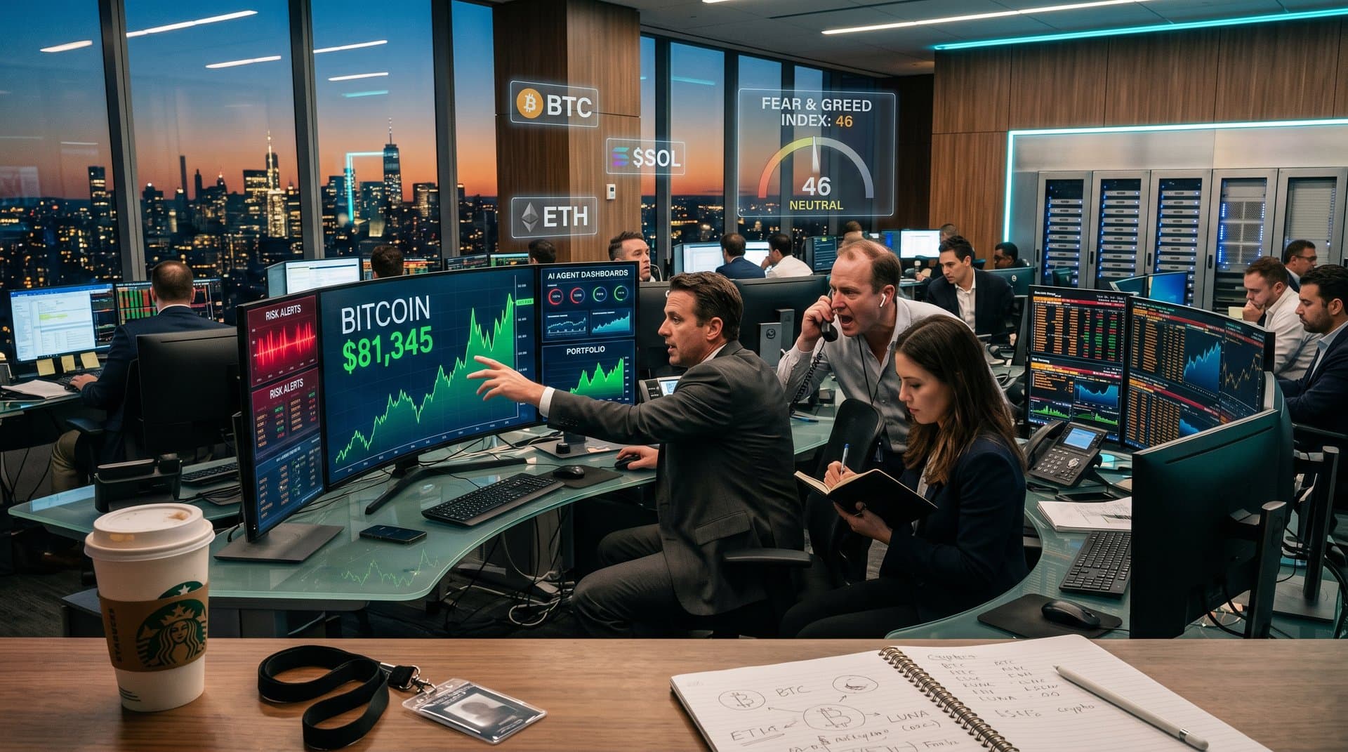 High-tech trading floor with AI dashboards, multi-monitors displaying Anthropic Schwab AI agents, crypto charts at BTC $81K, and enterprise finance data in a modern office