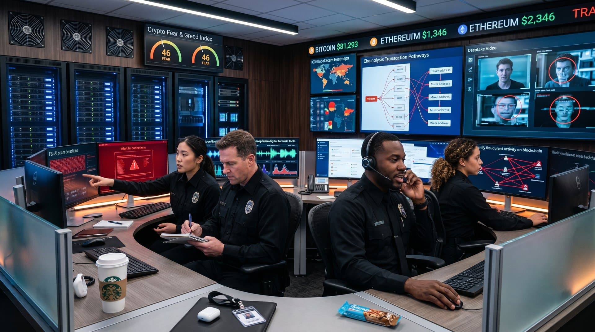 Cybersecurity analysts monitor FBI AI scams threats in a high-tech data center with multi-monitors, blockchain visuals, and deepfake detection dashboards