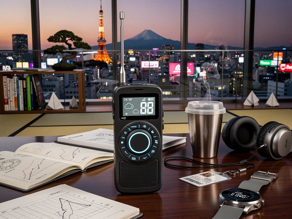 Handheld NaviDial offline gadget with dial buttons on table, Tokyo skyline background, crypto Fear & Greed Index overlay at 23