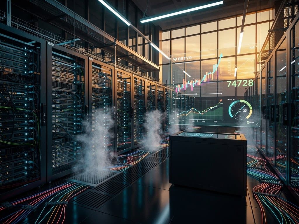 Futuristic data center with glowing GPU servers, holographic displays showing AI metrics and crypto charts
