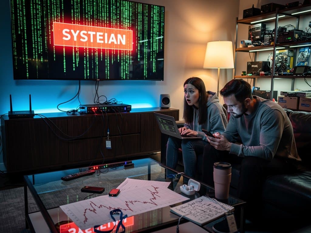 Hacked Samsung smart TV in living room with breach warning, glowing webcam, crypto wallet nearby, and fear index gauge