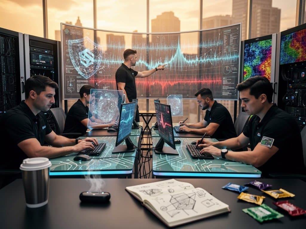 Futuristic cybersecurity center with AI displays blocking cyber threats in real-time