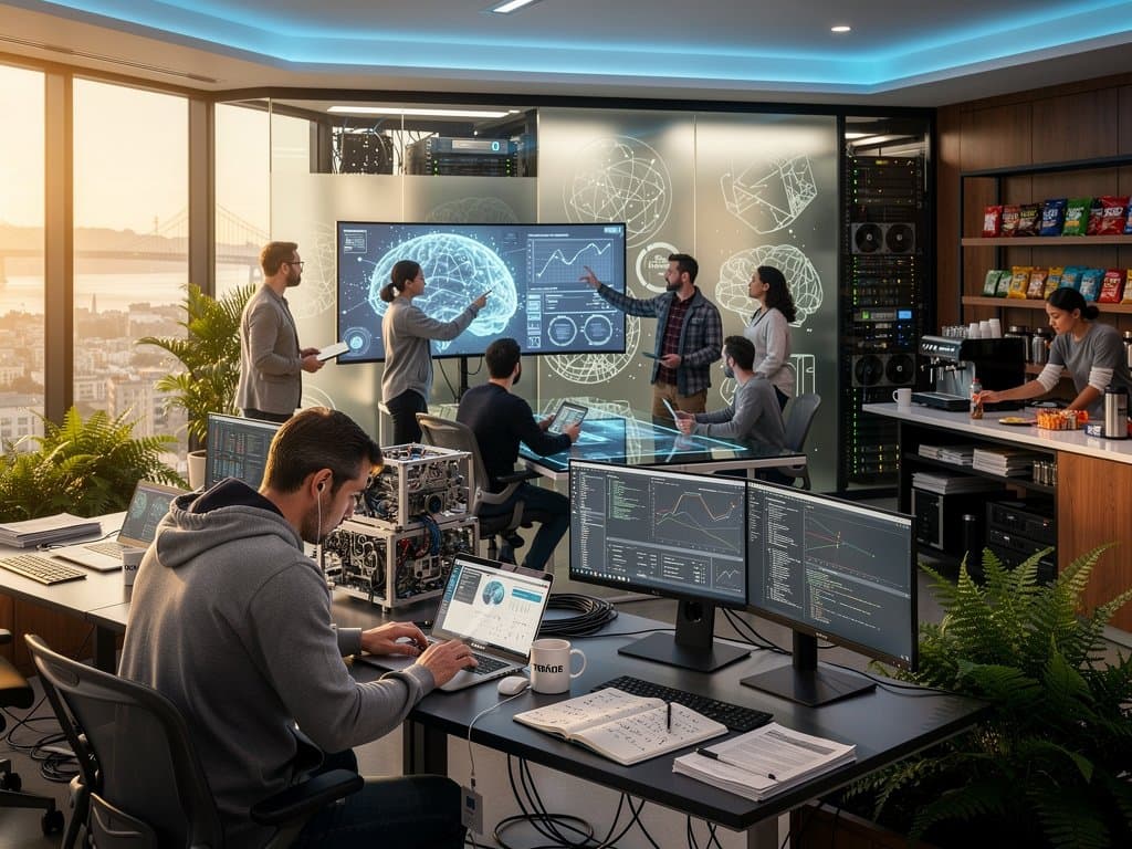 Anthropic AI engineers collaborate in high-tech lab reviewing Claude Opus 4.7 on displays amid servers.