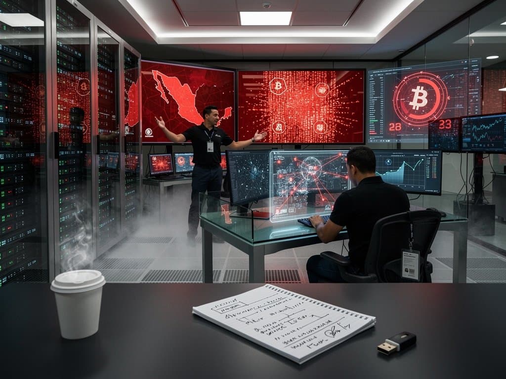 Futuristic data center with glowing screens showing AI cyber attack alerts and data breaches