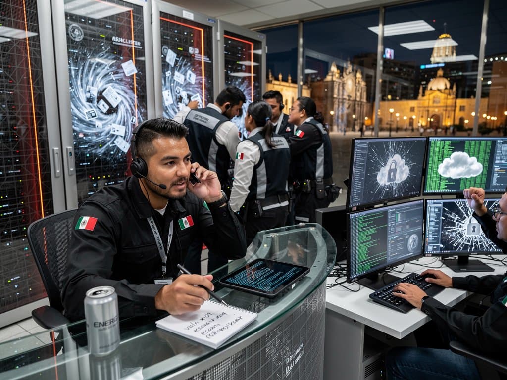 Futuristic data center under cyber attack with AI hacks visualized on screens, server alerts, cloud breach graphics, and crypto market charts in tense atmosphere.