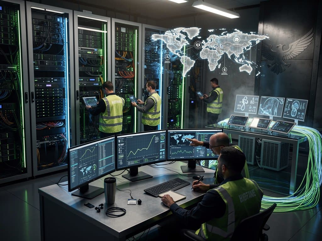 Secure data center with glowing server racks and AI dashboards showing VA claims processing speedup on Oracle Cloud