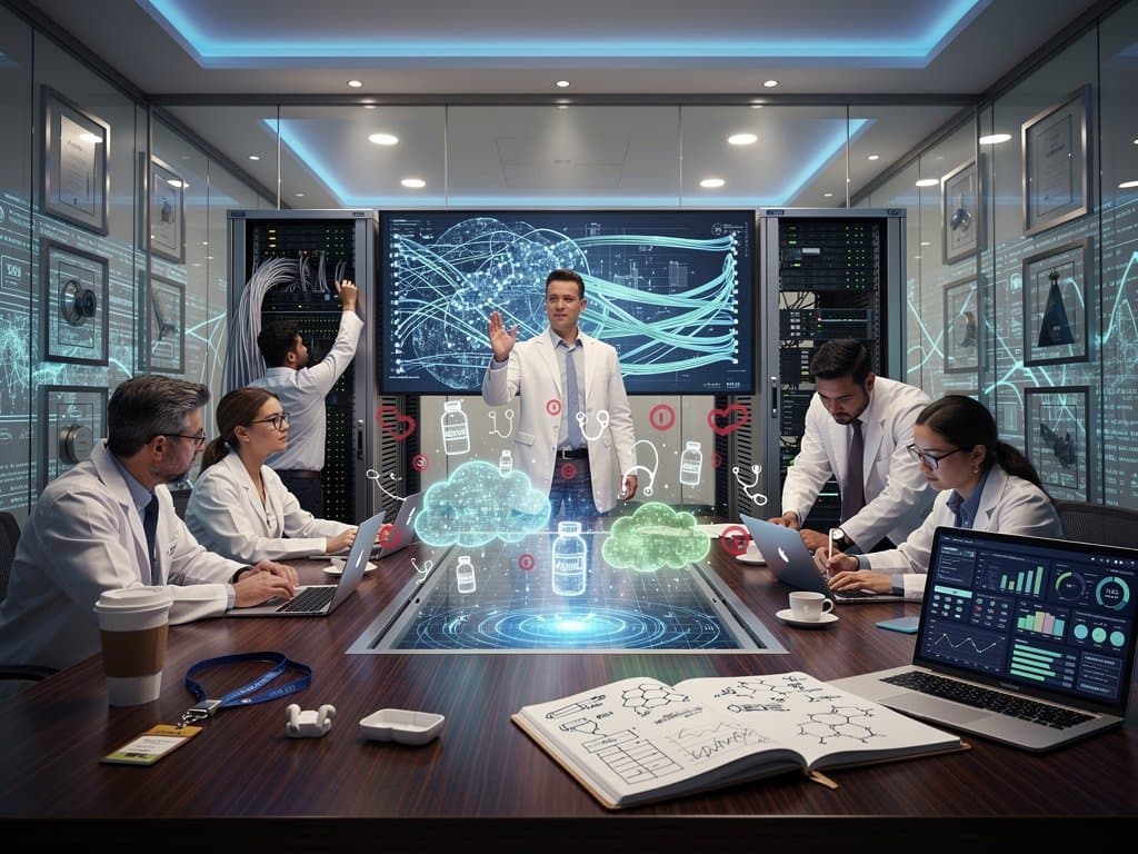 Abstract holographic AI interface processing prescription data in a cloud computing environment with neural networks and medical icons