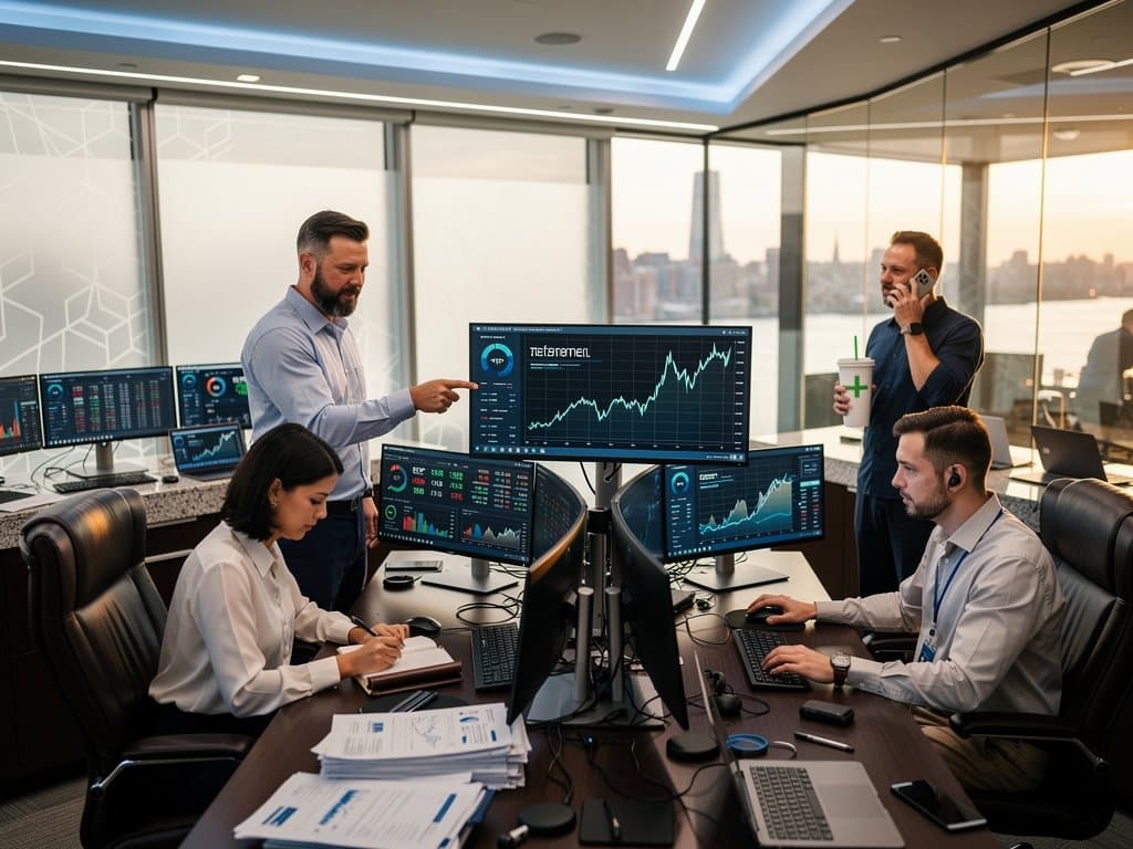 Fintech trading floor screens show AI retirement tools, BTC at $75K charts, Fear Index 23 amid modern office elements