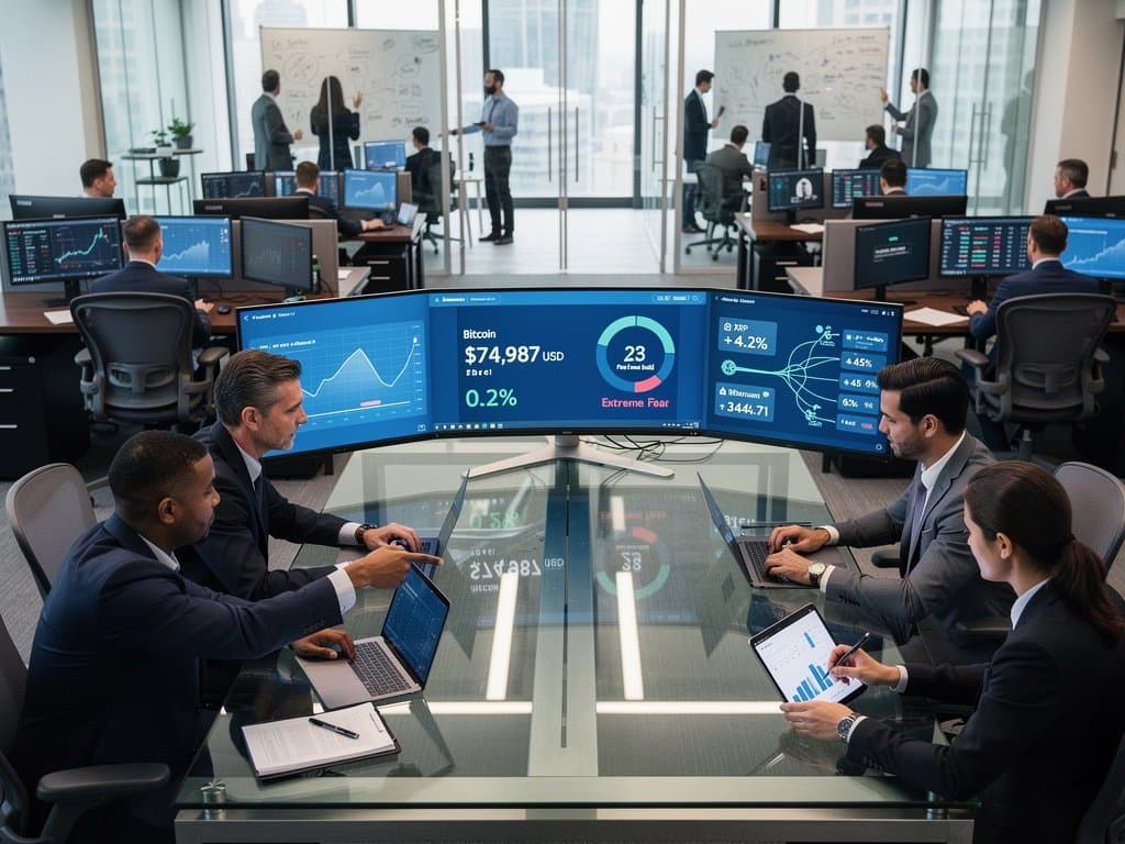 Financial advisor in modern office viewing AI retirement portfolios, crypto charts with BTC at $74,987, Fear & Greed at 23, and market data amid team discussion