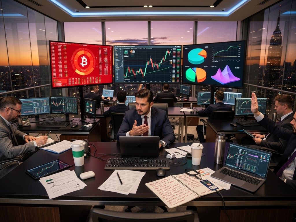 Financial advisor reviews AI retirement forecasts and crypto charts on multi-monitor desk with market data