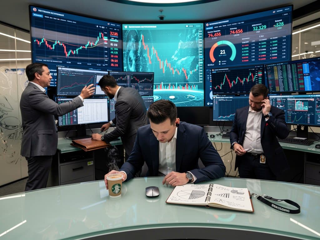 Fintech analysts review AI retirement dashboards and crypto volatility charts including BTC at $74,656 amid market fear discussions