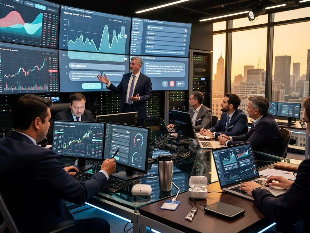 Business team analyzes OpenAI and Anthropic AI dashboards with crypto charts showing Fear & Greed at 21 in modern fintech office