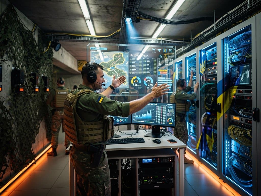 Secure Ukrainian AI data center with glowing servers, neural networks, and defense maps in a wartime bunker setting