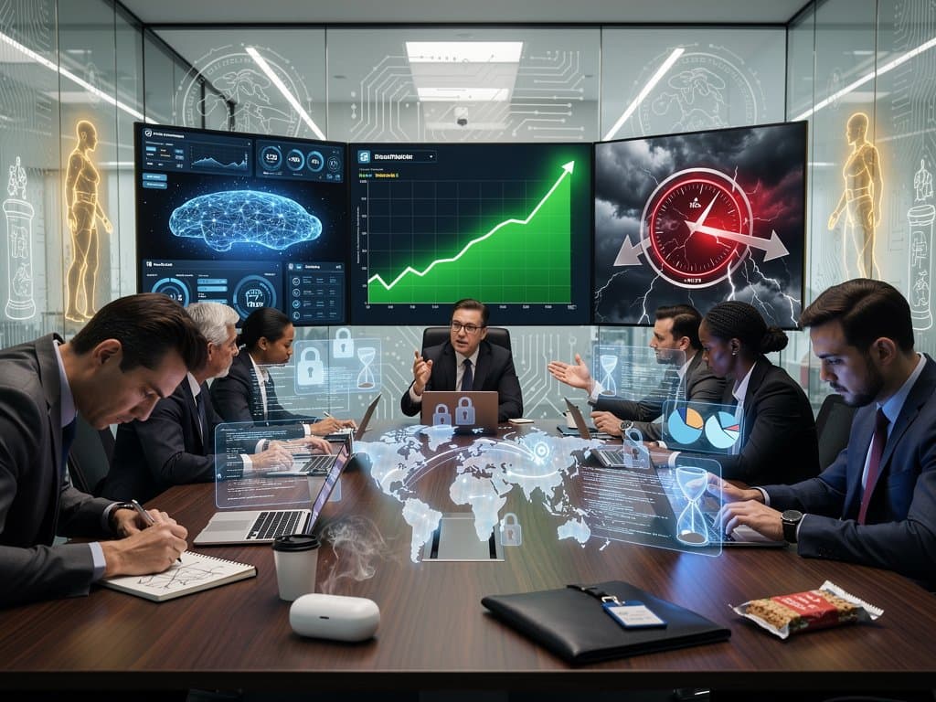 Business team in office viewing AI dashboards and crypto charts for enterprise adoption