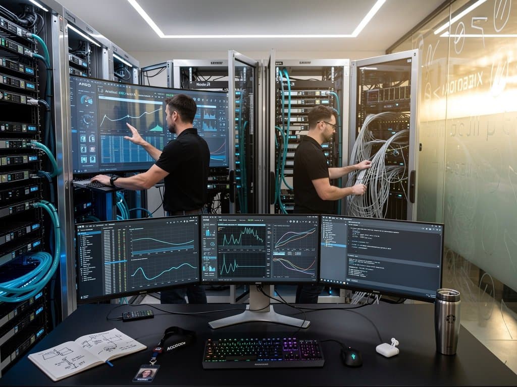 Glowing AMD AI GPU server racks in modern cloud data center with monitors showing utilization graphs and cooling systems
