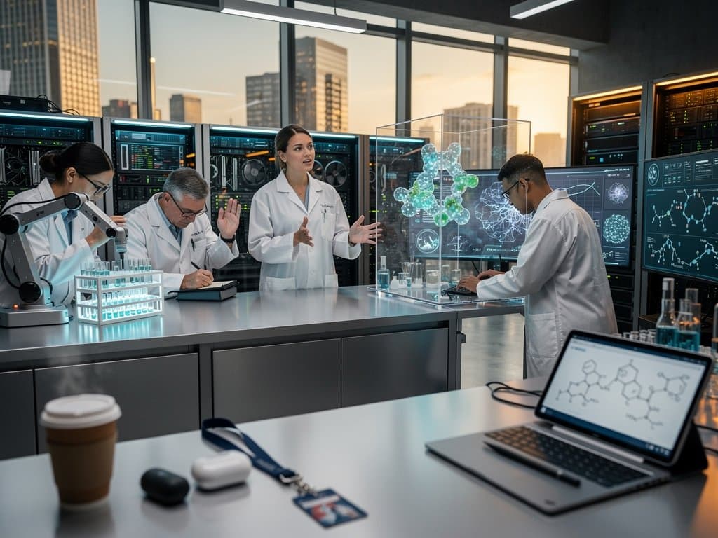AI-driven pharma lab with holographic molecule displays and neural network screens accelerating drug discovery