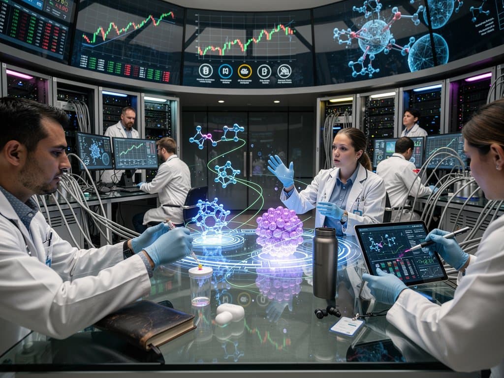 OpenAI lab with 3D molecular models and AI drug discovery visuals on screens amid high-tech servers