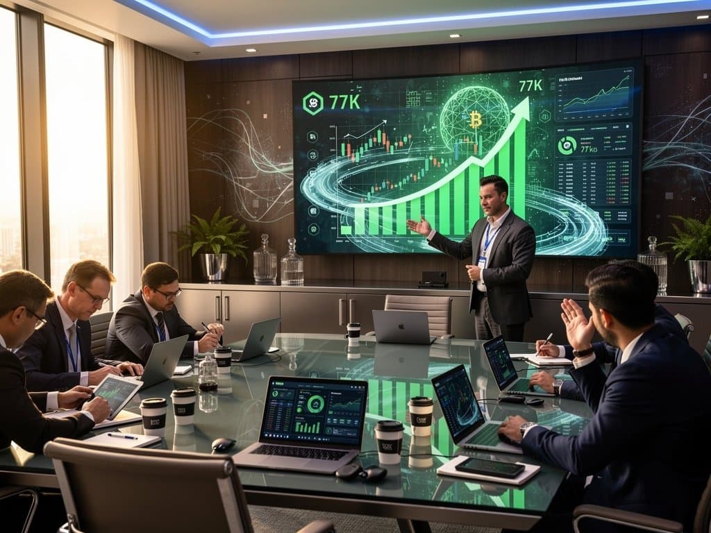 Modern boardroom with holographic job growth charts, AI neural networks, and rising BTC price graphs amid tech-finance data visualizations