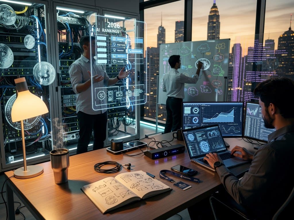 High-tech AI lab with glowing screens, server racks, and city skyline view symbolizing cloud innovation