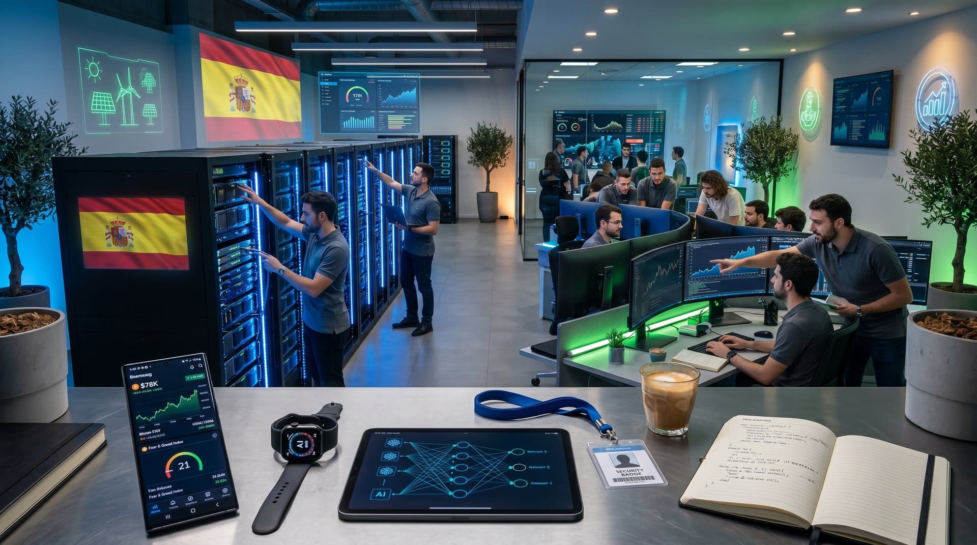 AI gadgets and servers in Barcelona tech hub displaying crypto prices and predictions