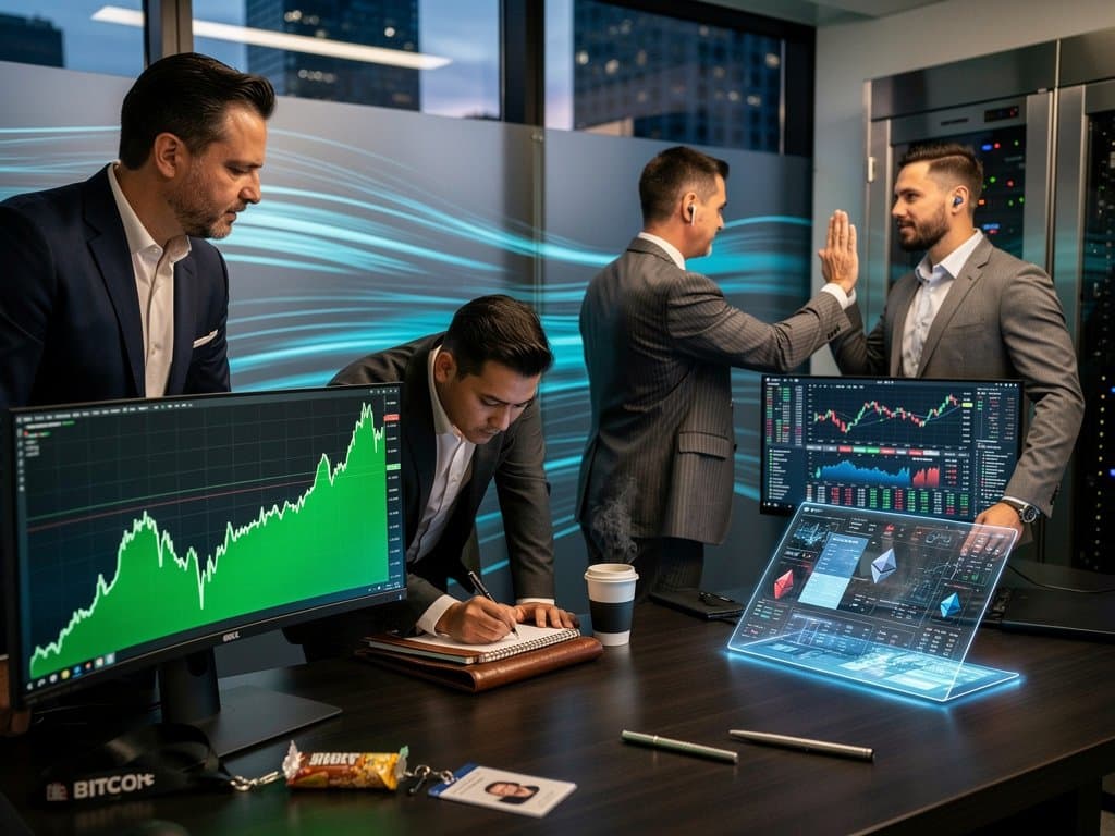AI dashboards on trading floor monitors show Bitcoin at $77K, neural networks, and crypto charts in high-tech finance scene