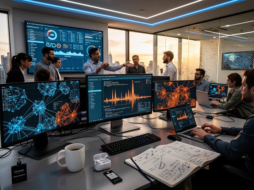 AI neural networks on monitors in modern tech lab with city skyline view and server racks