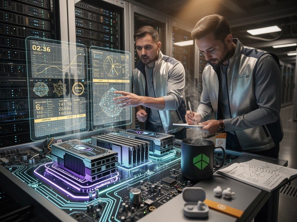 Futuristic data center with cloud servers and AI neural networks powering enterprise tech