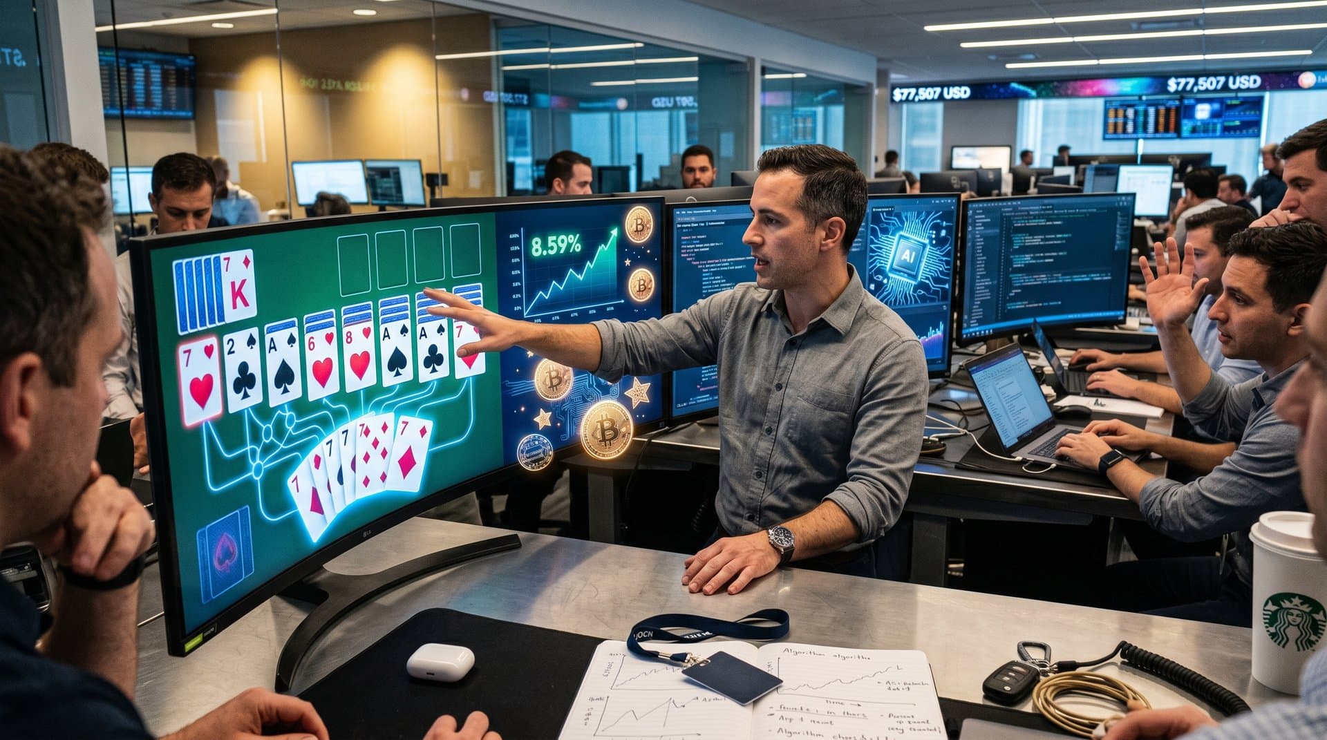 Digital Solitaire board with AI neural networks, simulation graphs, crypto charts, and gadgets in futuristic style