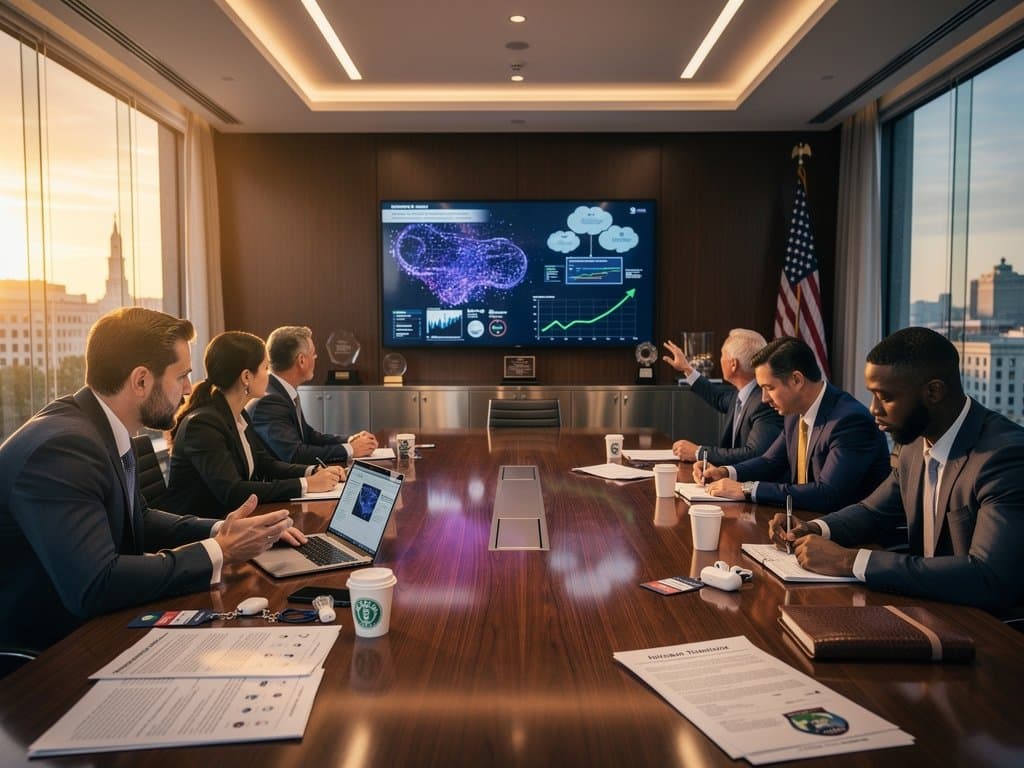 Abstract professionals discuss AI charts and crypto graphs in modern conference room with city skyline view