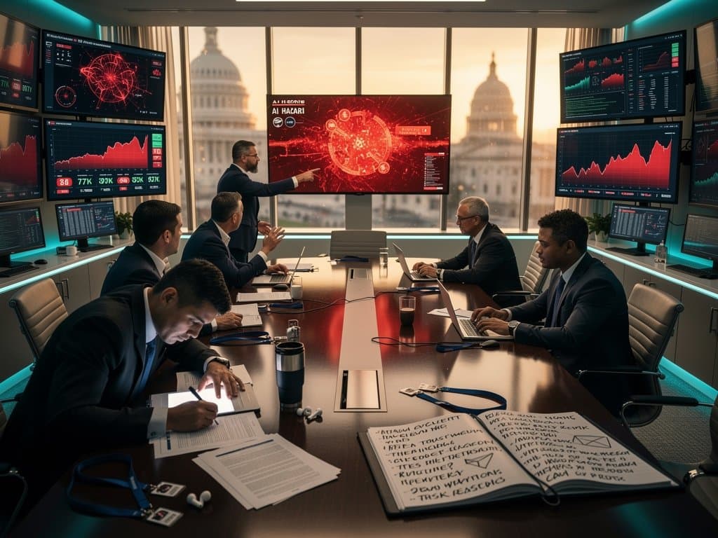 Modern OMB briefing room with AI security charts on monitors, DC skyline through windows, professional tech setup