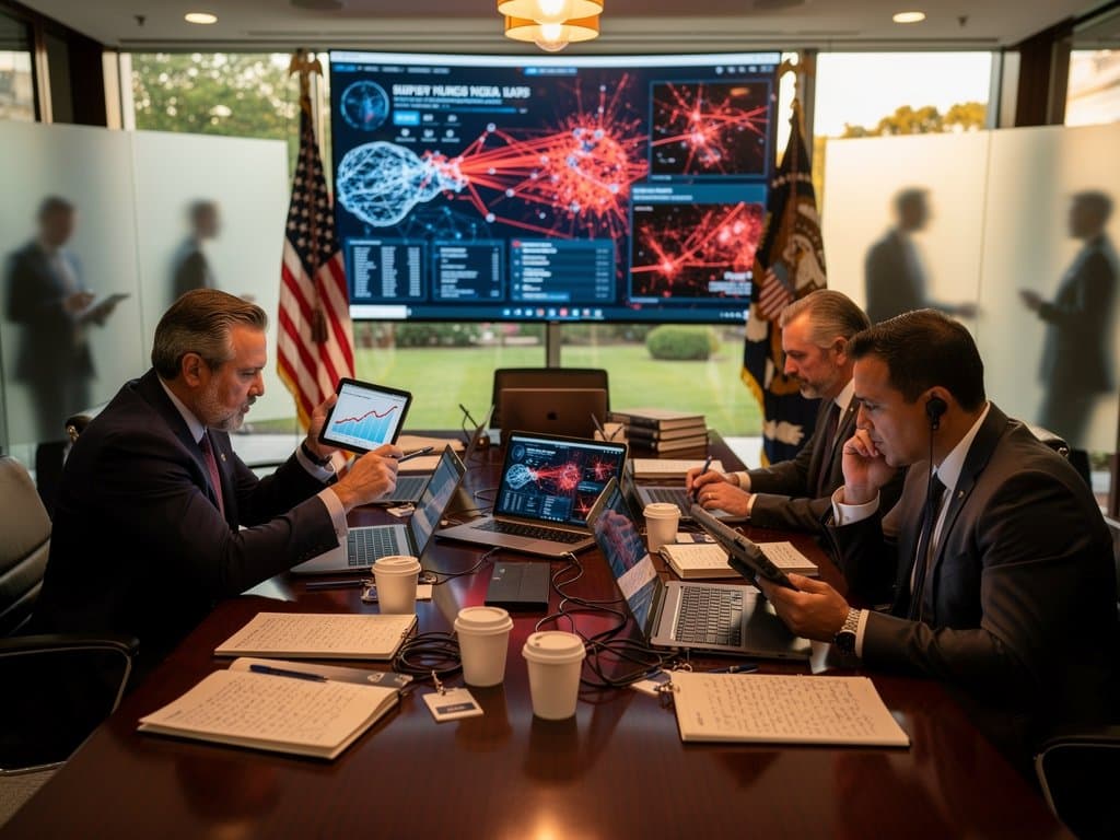 White House briefing room with laptops showing AI threat maps on screens amid secure setup and advisors