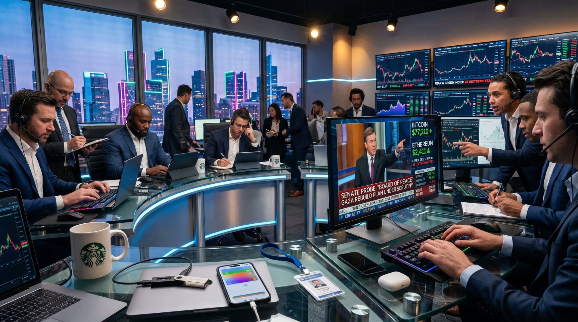 Trading floor showing Bitcoin at $77,210, Ethereum charts, Fear & Greed at 26, senate Gaza crypto probe headlines, and gadgets like wallets