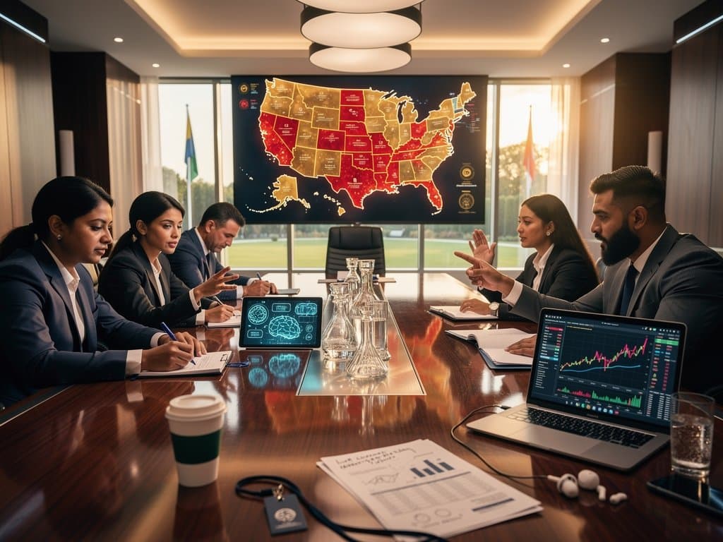 Officials and AI executives discuss at mahogany table in White House Roosevelt Room with screens and documents amid pendant lighting