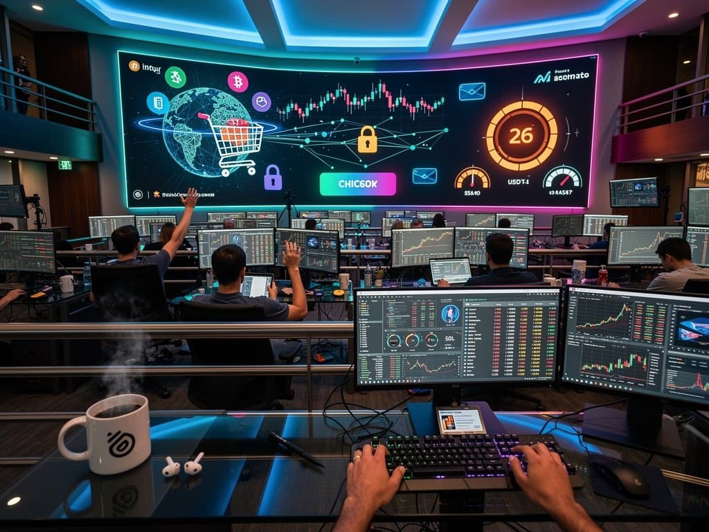 Futuristic e-commerce checkout with crypto payment icons and rising BTC chart