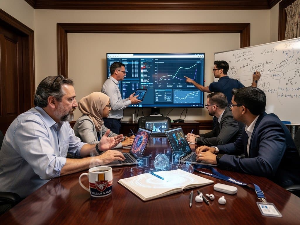 Professors collaborate in university AI lab with laptops showing cloud dashboards, server racks, and campus view