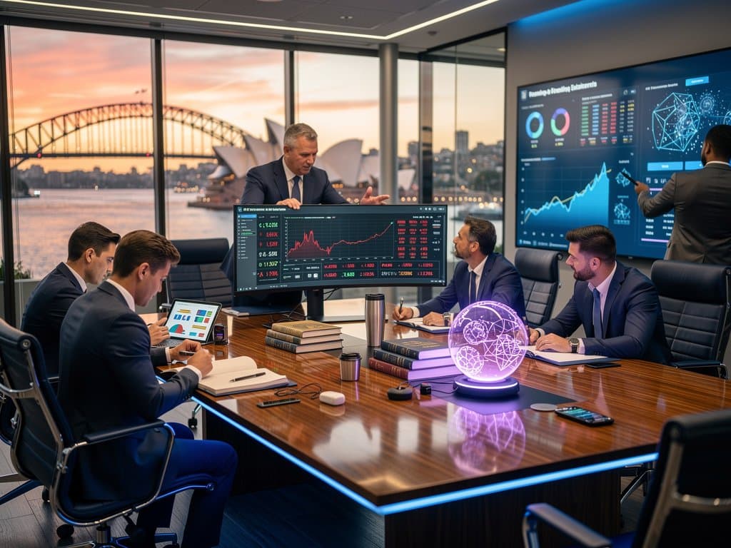 Sydney boardroom with AI tools, crypto charts on monitors, and harbor view