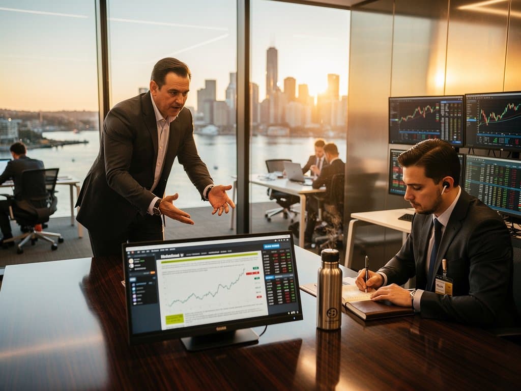 Sydney law firm boardroom with AI contract analysis on monitors, fintech charts, and Bloomberg terminals