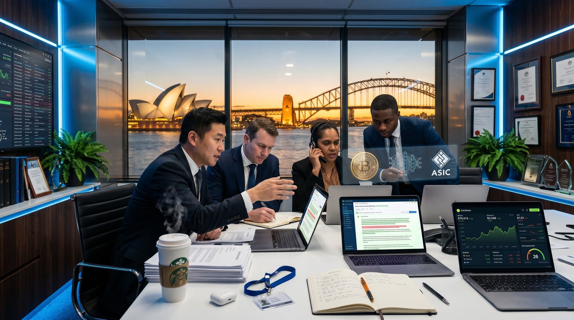 Sydney law office with AI screens showing Bitcoin at $76,013 USD, contract analysis, and crypto charts amid professional collaboration