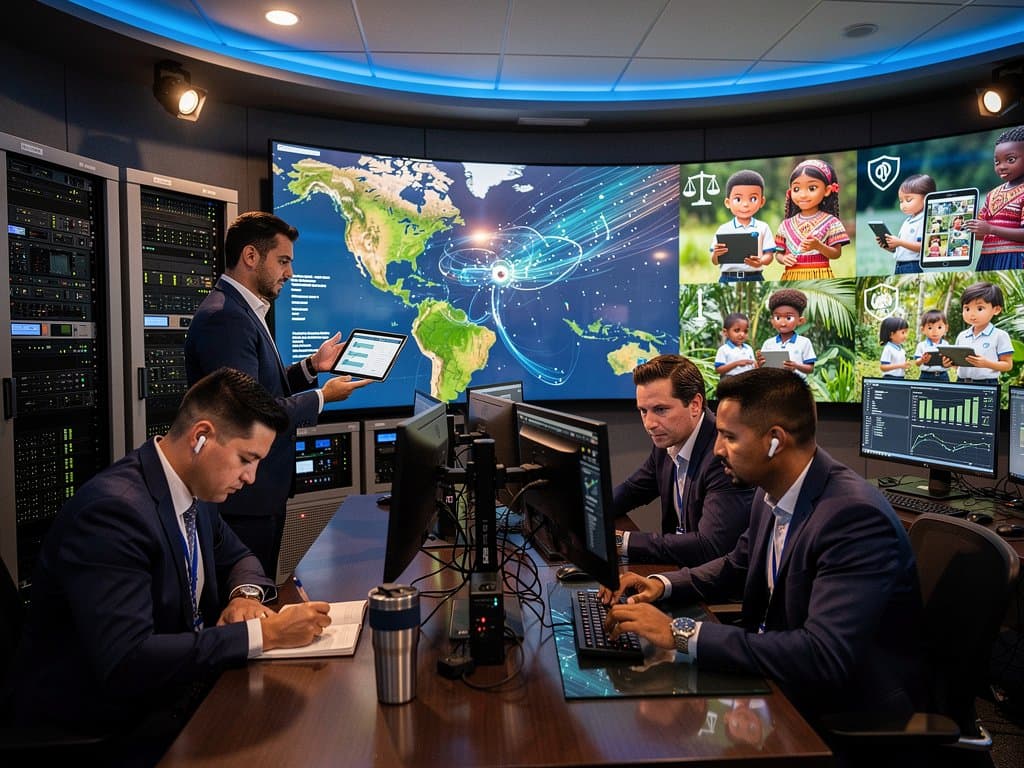 Digital dashboard showing AI education metrics and connectivity maps for Latin America in observatory room