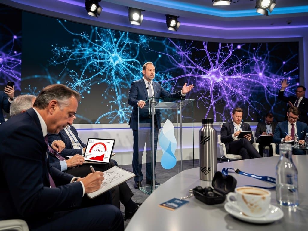 World Economic Forum stage with neural network visuals, attentive executives, and modern Davos auditorium lighting