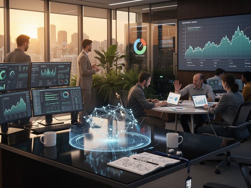 Abstract view of OpenAI workspace with AI interfaces, crypto charts, and team silhouettes discussing enterprise strategy