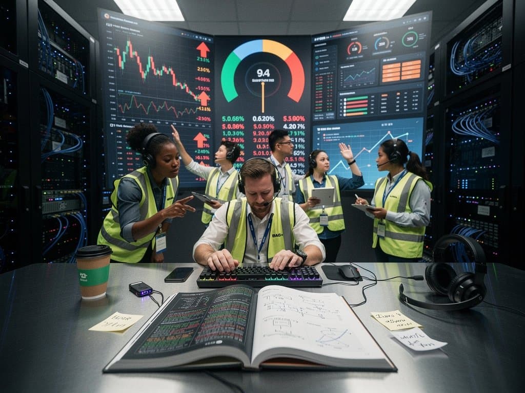 Engineers monitor crypto charts on multi-screen setups in a high-end Tier IV data center control room with server racks and LED lighting