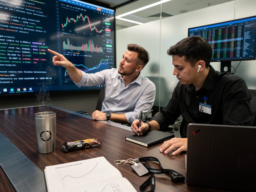 AI researchers at Google DeepMind lab analyze prompts on monitors amid financial charts and Bloomberg terminals in modern workspace