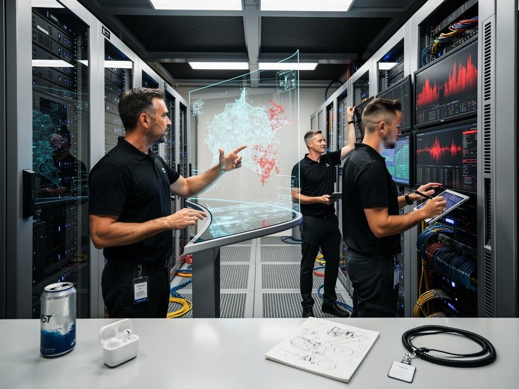 AI cybersecurity dashboards in a secure Tier IV data center with server racks and monitoring consoles