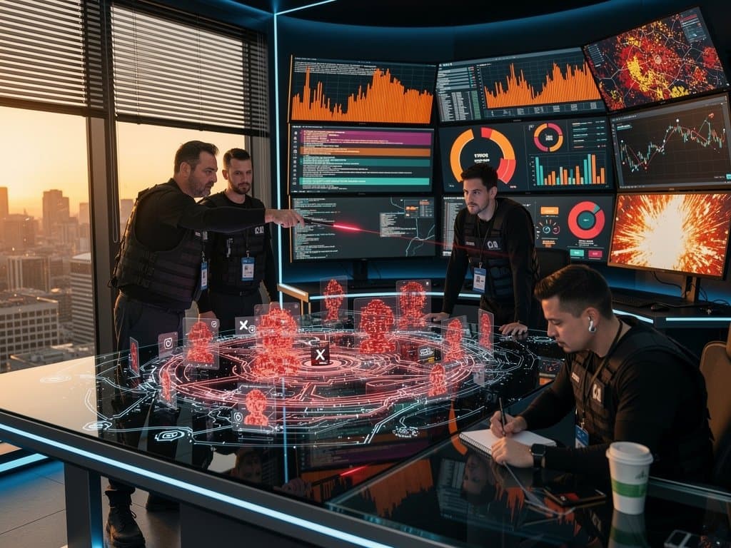 Cybersecurity team monitors deepfake threats and social media bot activity on video wall