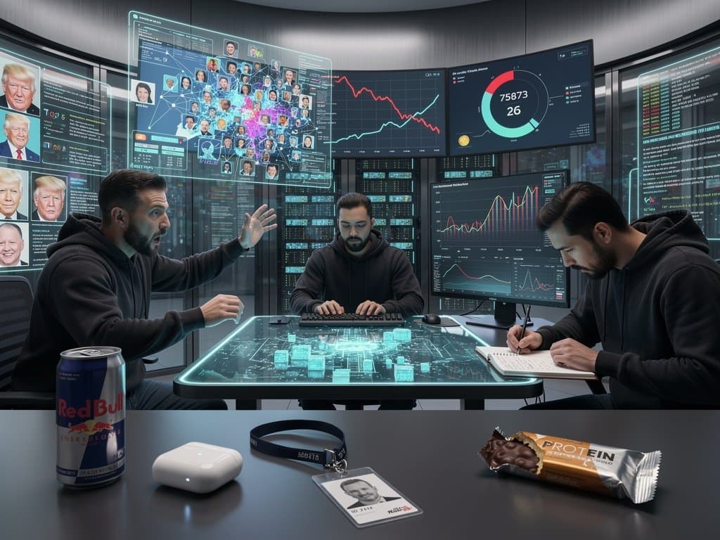 Cybersecurity team analyzes AI deepfake pro-Trump avatars on screens with crypto charts and threat maps in high-tech control room