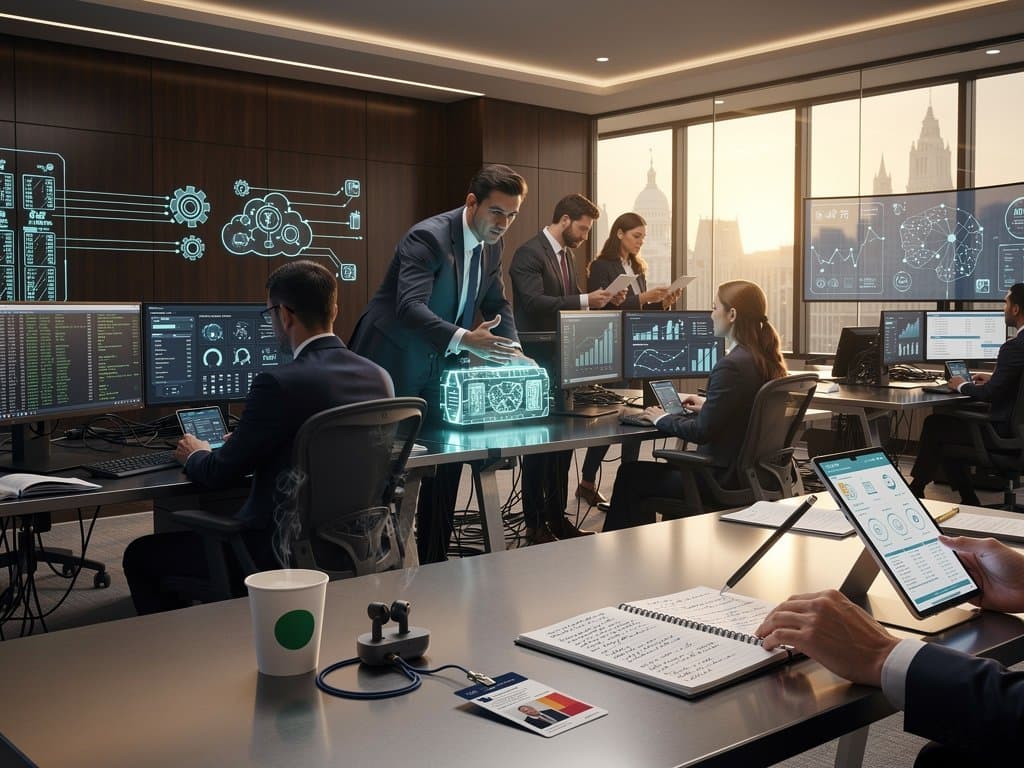 AI networks optimize treasurer office cash flows and crypto data in futuristic digital scene