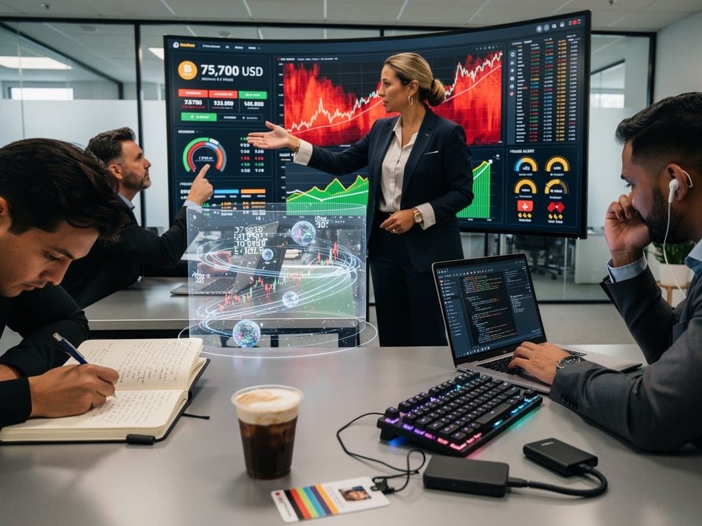 Treasurer office team analyzes AI dashboards with crypto charts and market data on monitors