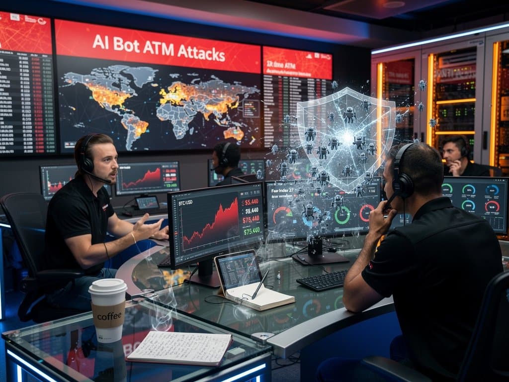 Cybersecurity team monitors AI bot ATM attacks with crypto price charts and threat alerts